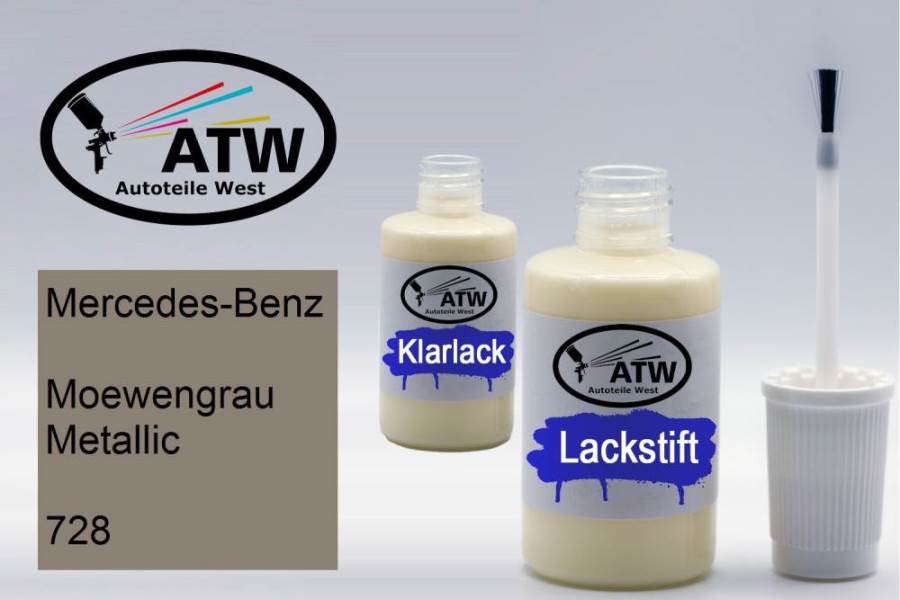 Mercedes-Benz, Moewengrau Metallic, 728: 20ml Lackstift + 20ml Klarlack - Set, von ATW Autoteile West.